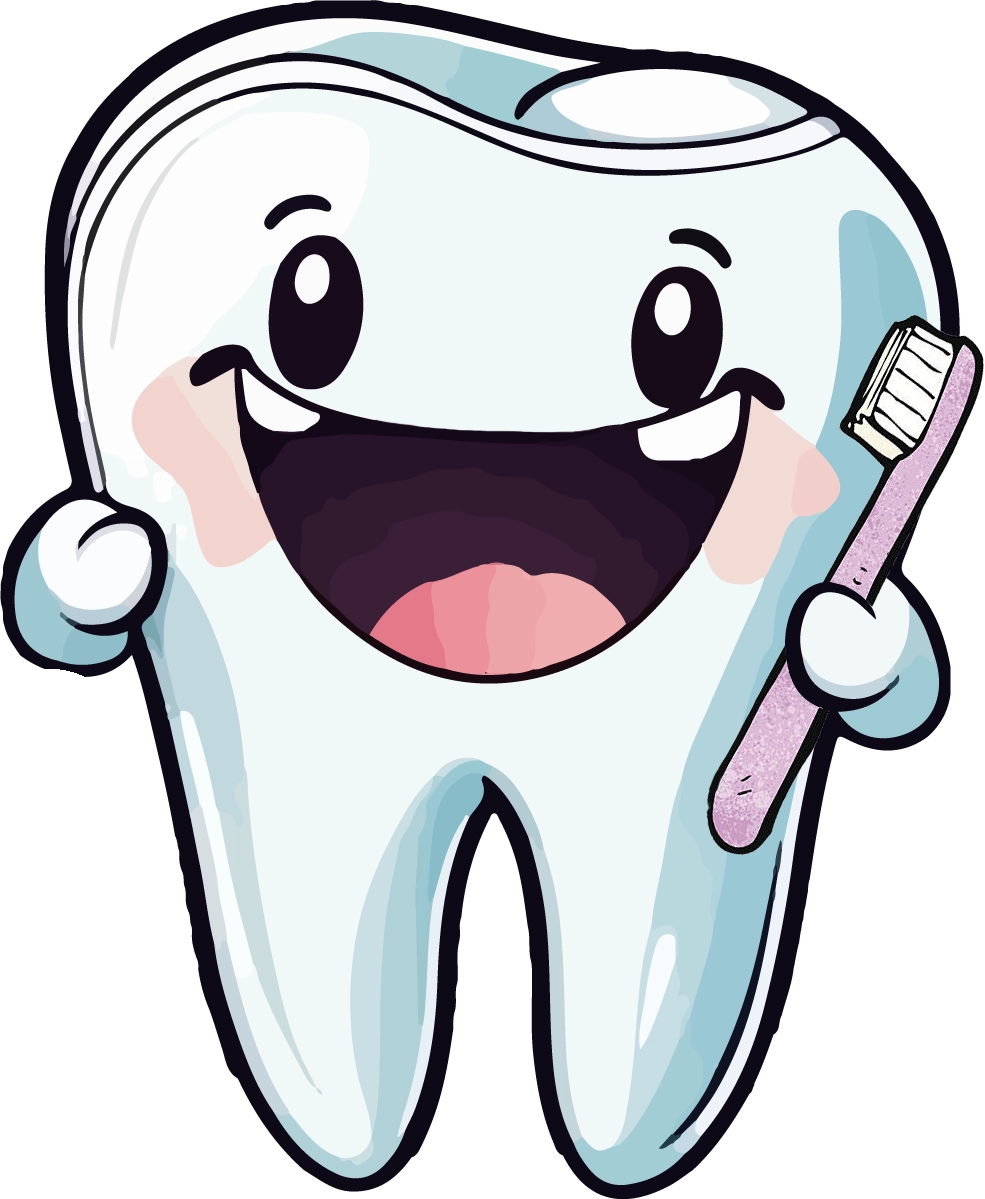 Illustration de Pierre la molaire, la mascotte d'ELAN Dentaire, représentée par une dent joyeuse tenant une brosse à dents